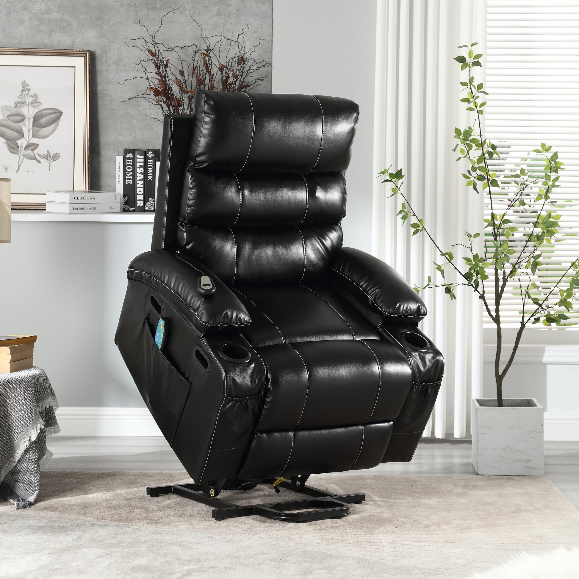 Selini Oversize PU Leather Power Lift Recliner with Massage & Heat, Black