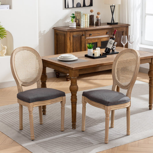 Ruby Solid Wood Oval Rattan Back Chairs with Linen Upholstered Seat Set of 2 Gray