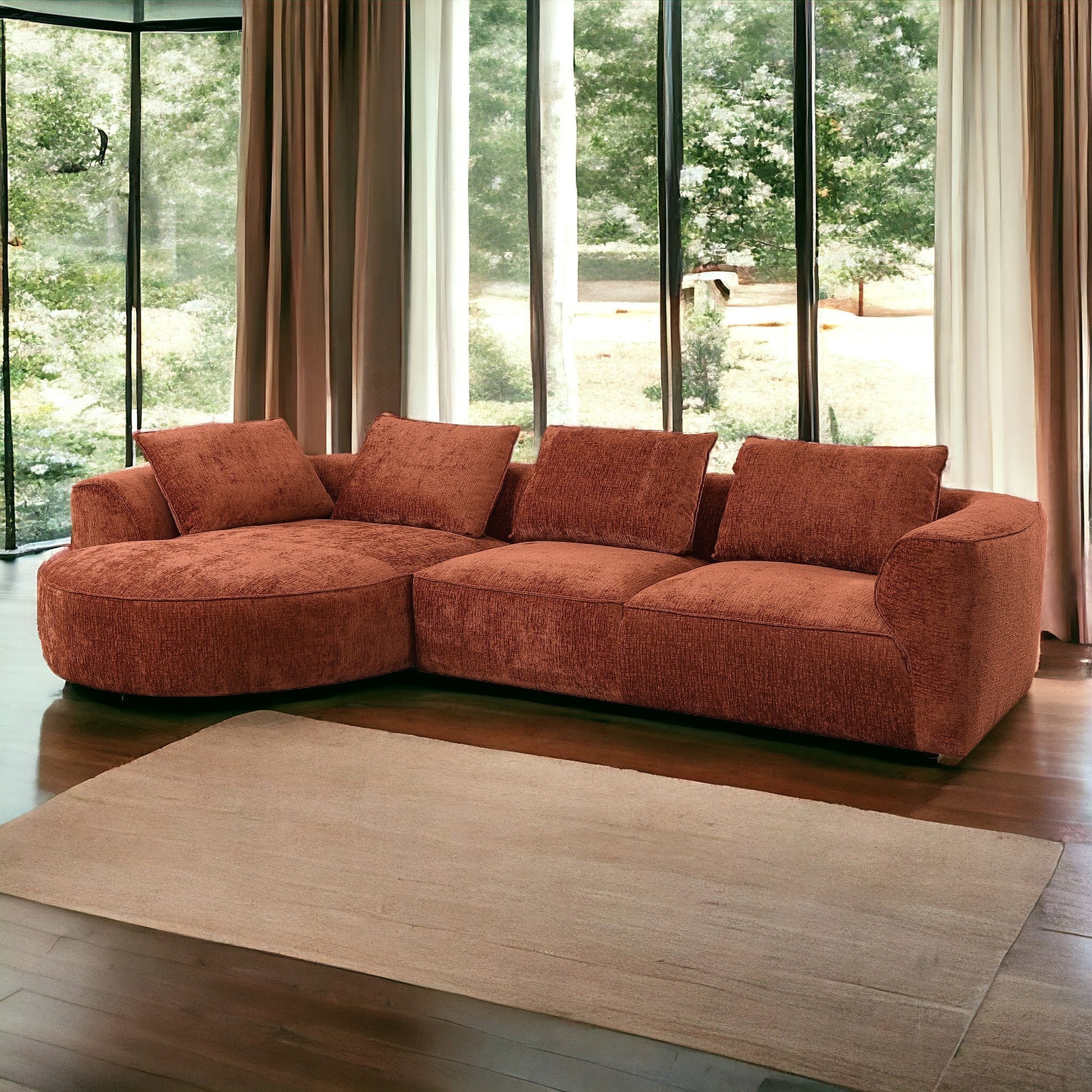 Aceso Rust Brown Chenille Sectional Sofa with 4 Toss Pillows