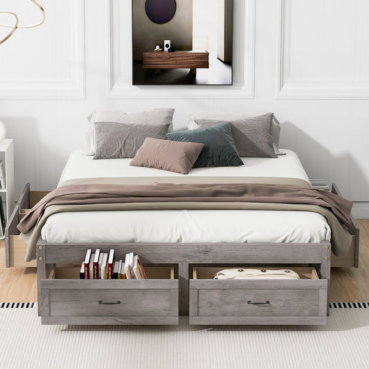 Nivara Queen Size Platform Bed with 6 Storage Drawers,Antique Gray