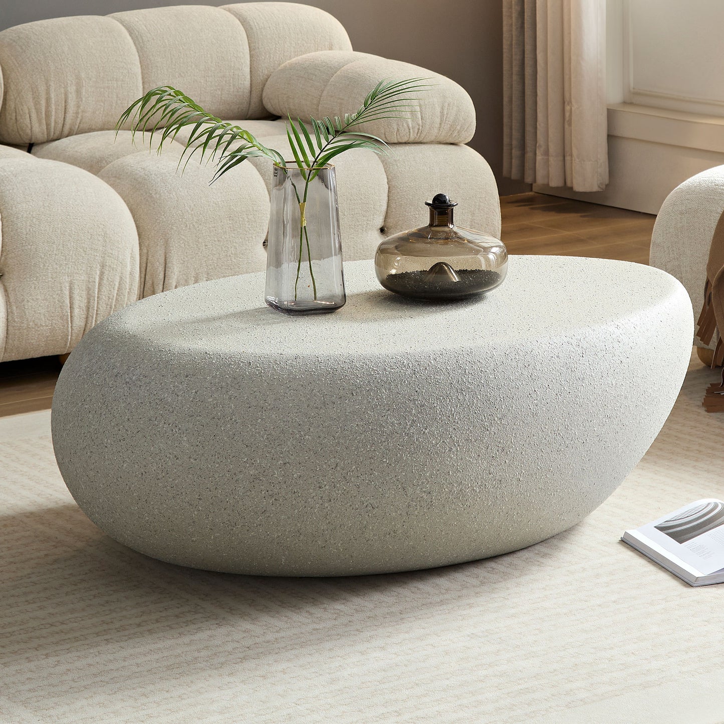 Runa Modern Elliptical Fiberglass Coffee Table, Beige