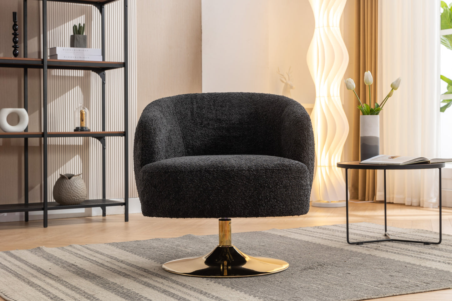 Chenille Fabric Black Accent Swivel Chair With Gold Metal Round Base