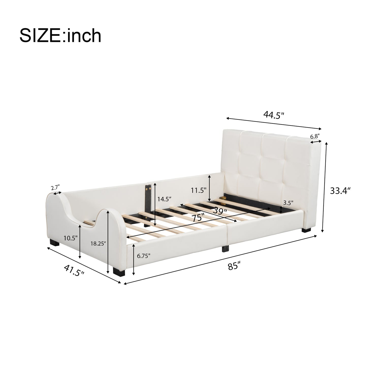 Haku Twin Size PU Leather Platform Bed with Guardrail, White