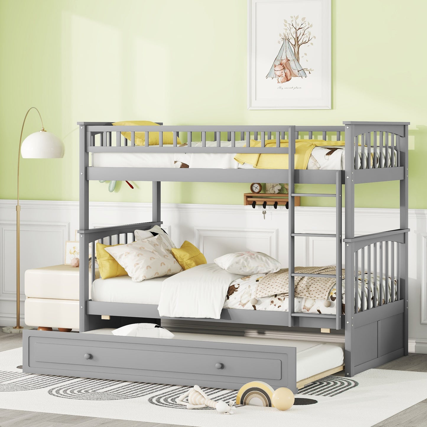 Carter Twin over Twin Bunk Bed with Twin Size Trundle, Convertible Beds, Gray