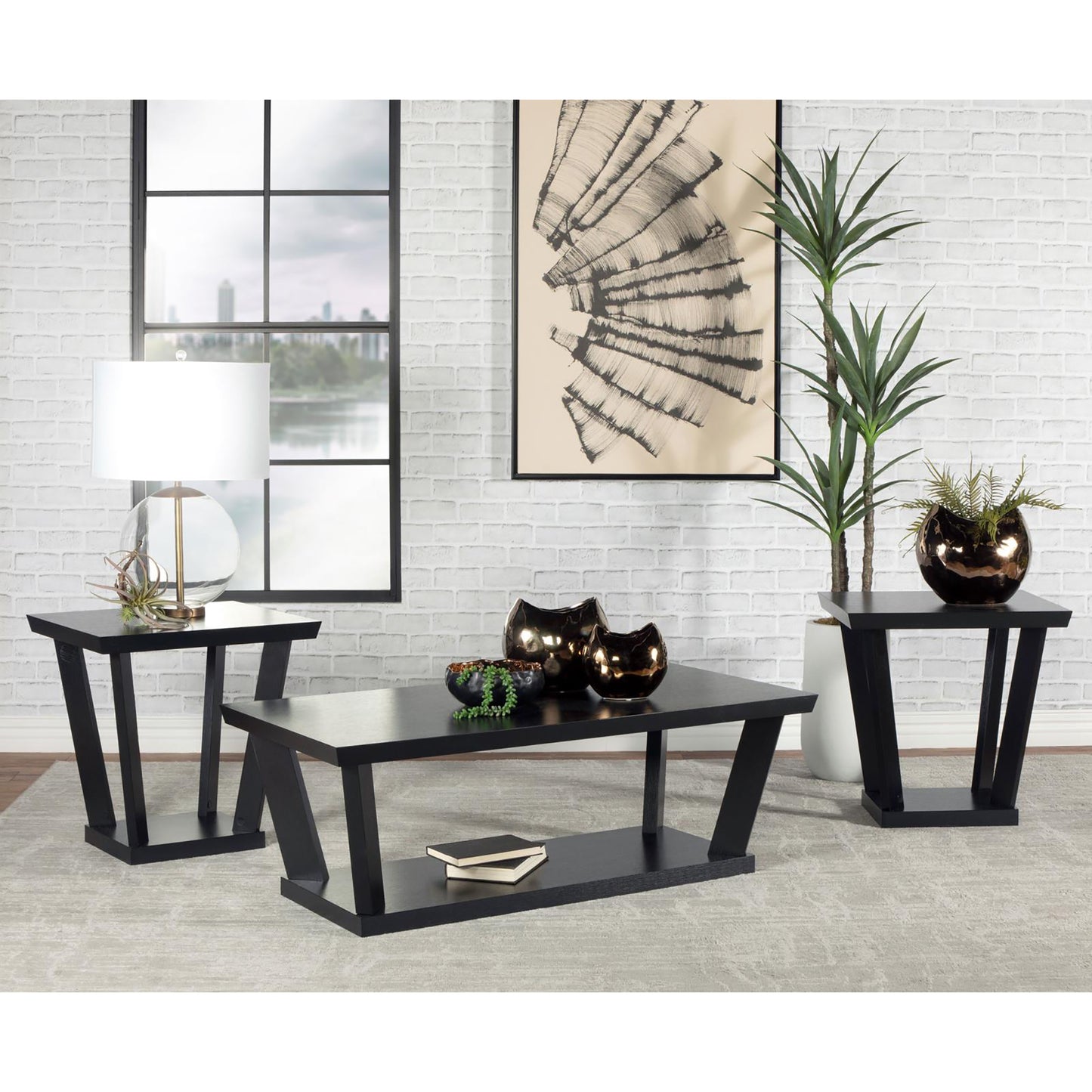 Black 3-piece Occasional Set with Bottom Shelf