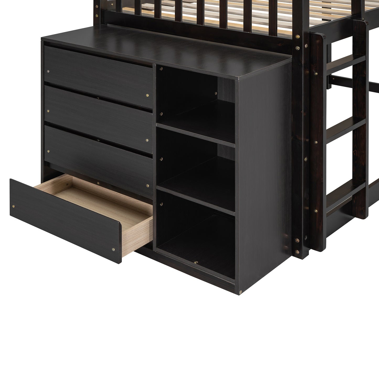 Rachel Twin over Twin Bunk Bed with 4 Drawers and 3 Shelves-Espresso