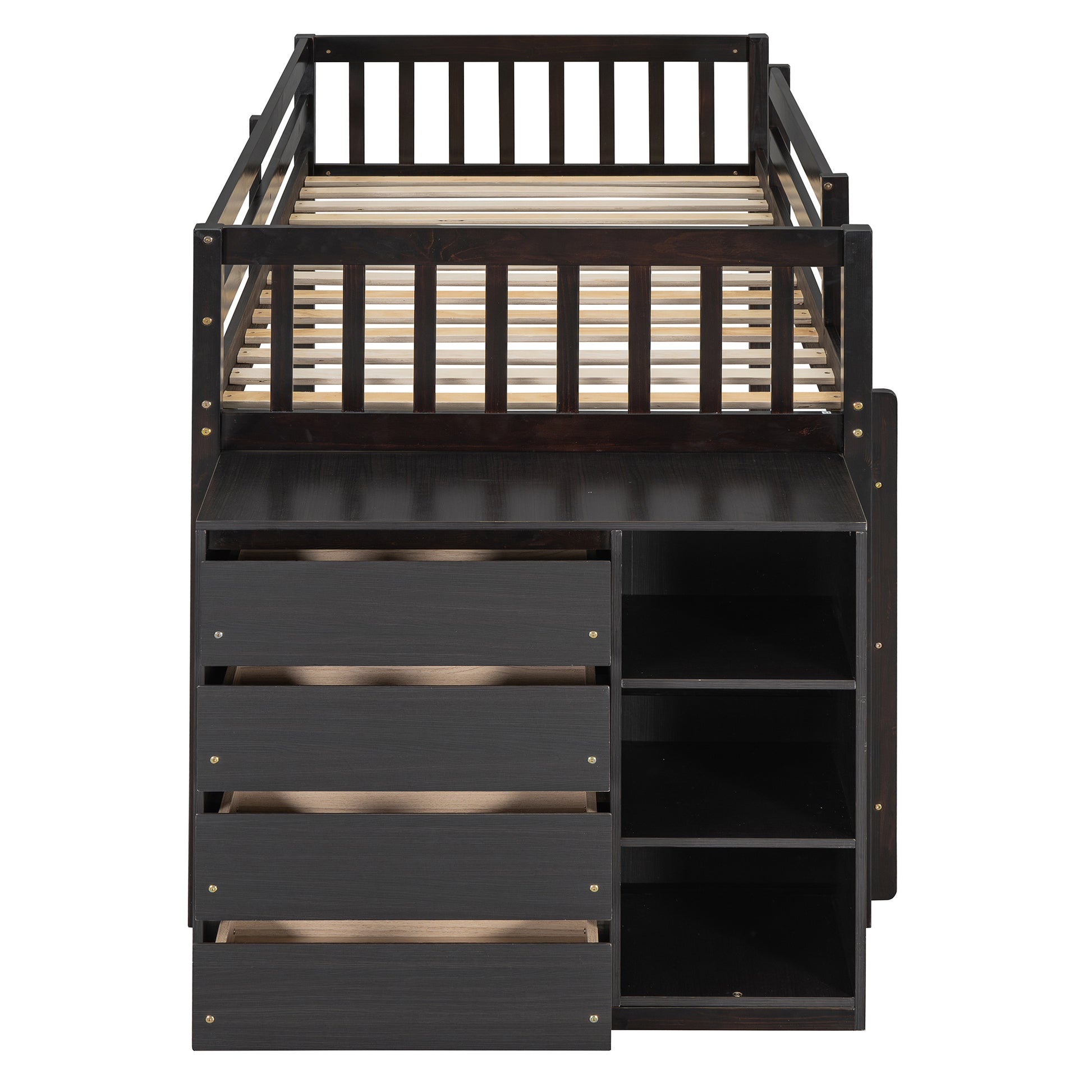 Rachel Twin over Twin Bunk Bed with 4 Drawers and 3 Shelves-Espresso