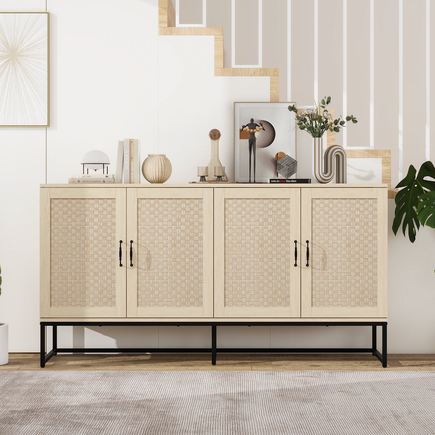 Dorothy 4-Door Cabinet in Natural with Natural Rattan Doors