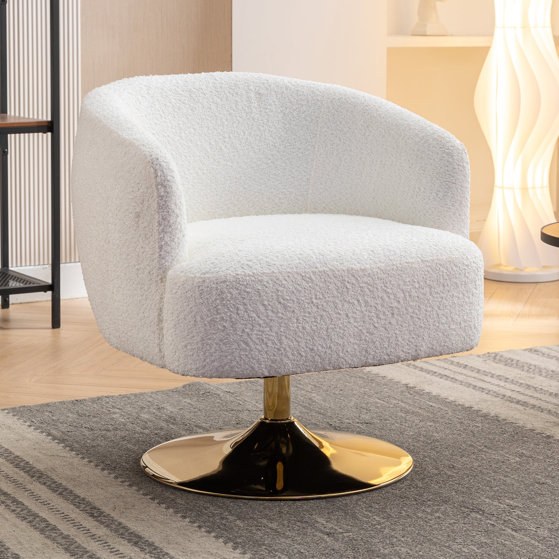 Chenille Fabric White Accent Swivel Chair With Gold Metal Round Base