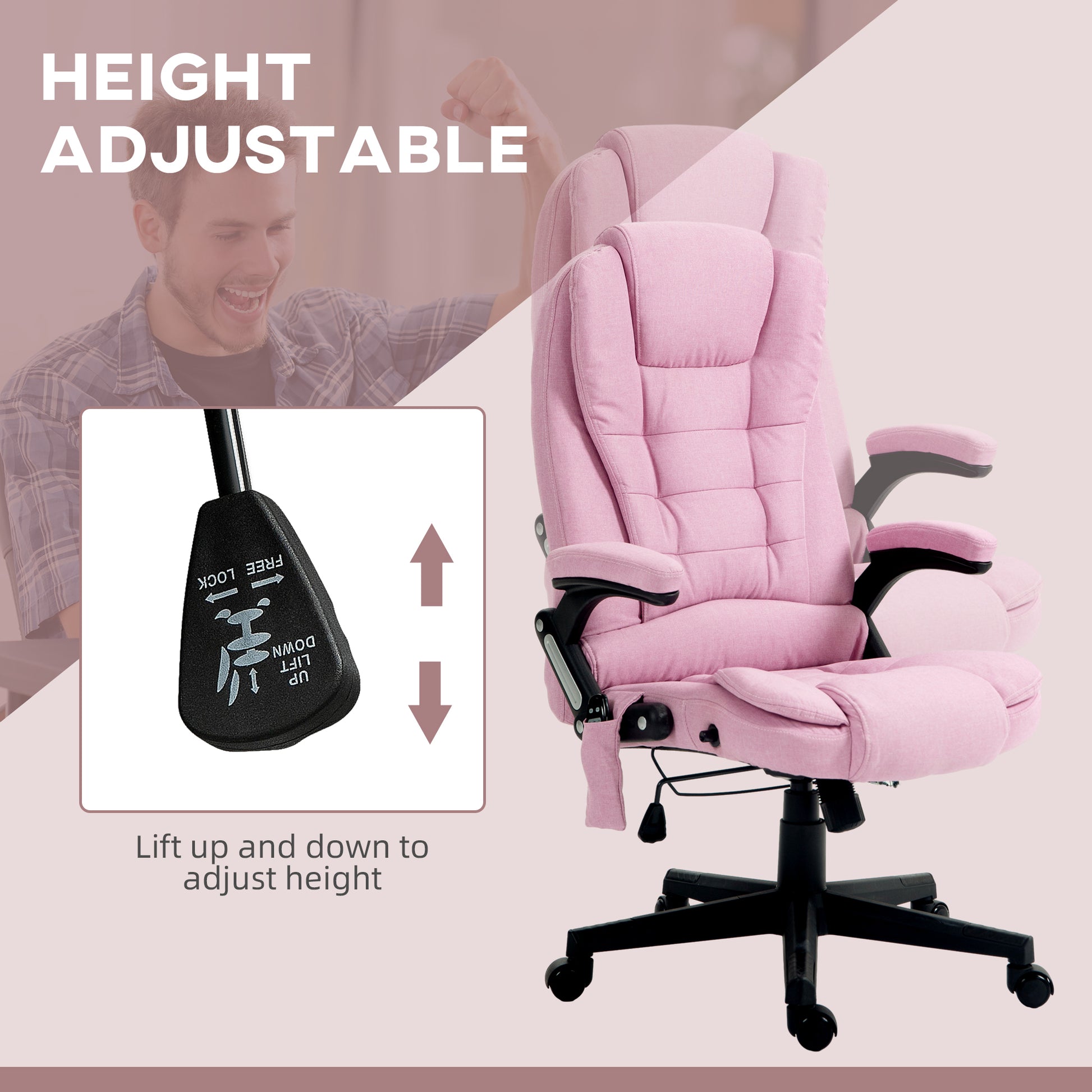 Sydney 6 Point Massage & Heat Linen Office Chair, Pink