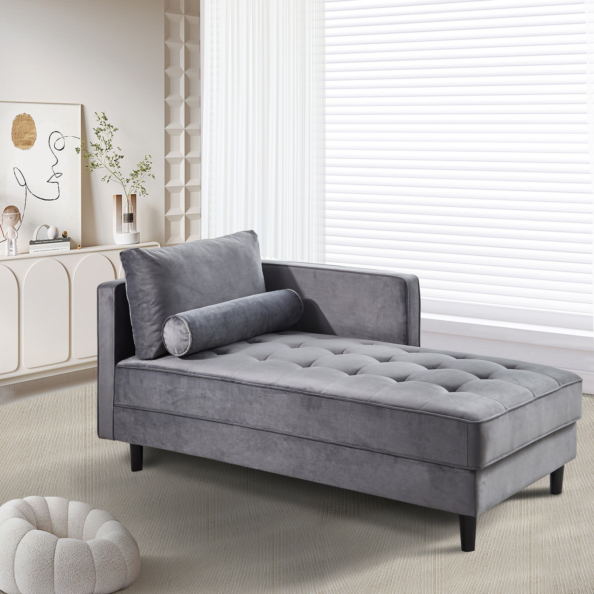 Leocadia Mid-Century Modern Velvet Chaise Lounge, Gray