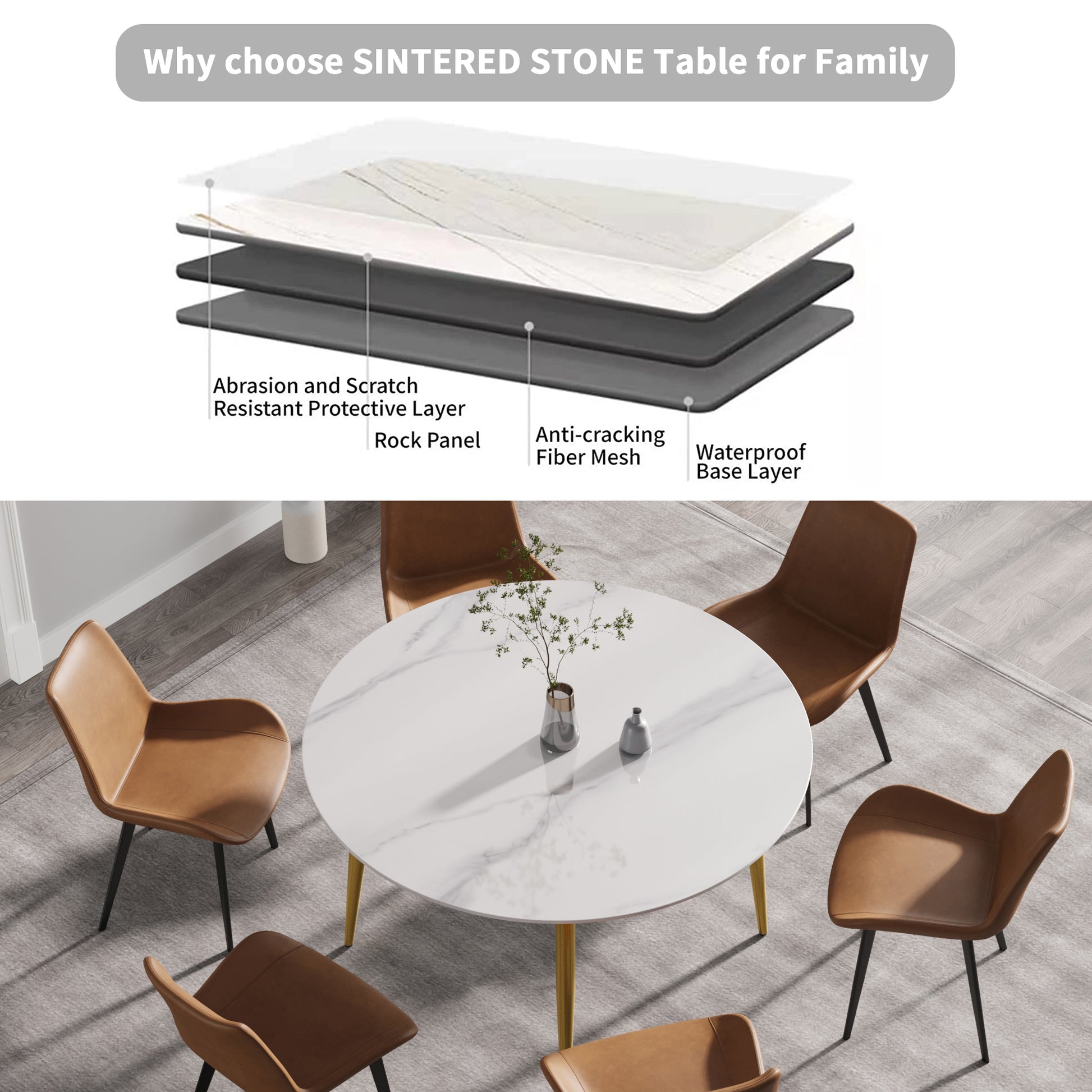 Saffron 53" Modern Artificial Stone Dining Table with Gold Legs