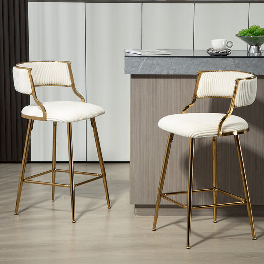 Chic Beige Corduroy 26" Counter Height Bar Stool with Back and Golden Chrome Base Set of 2