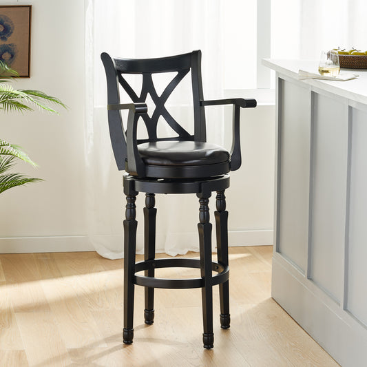 Renly Transitional Swivel Bar Stool with Leather Seat & Solid Wood Frame, Black