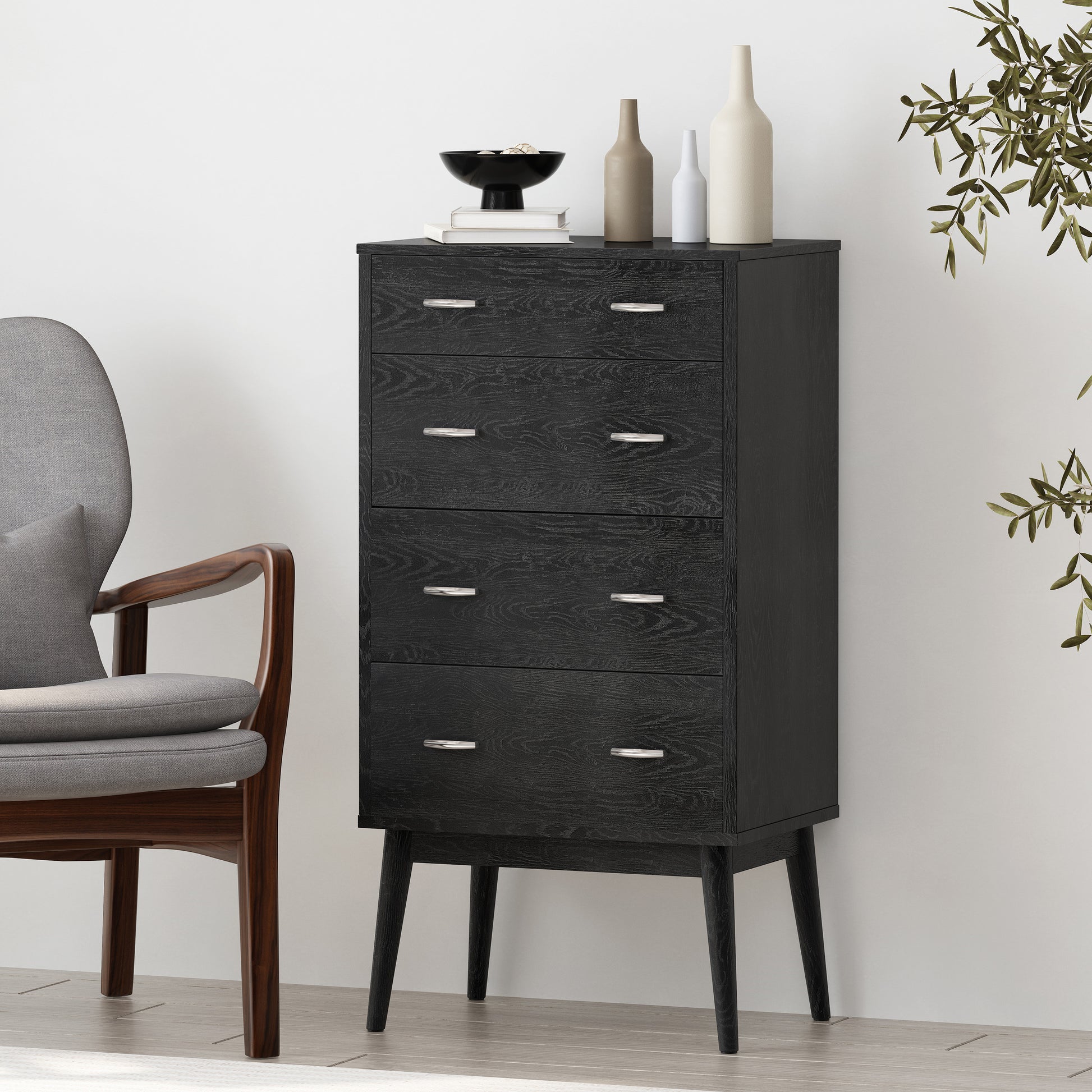 Nissa Mid-Century Modern 4-Drawer Chest, Black