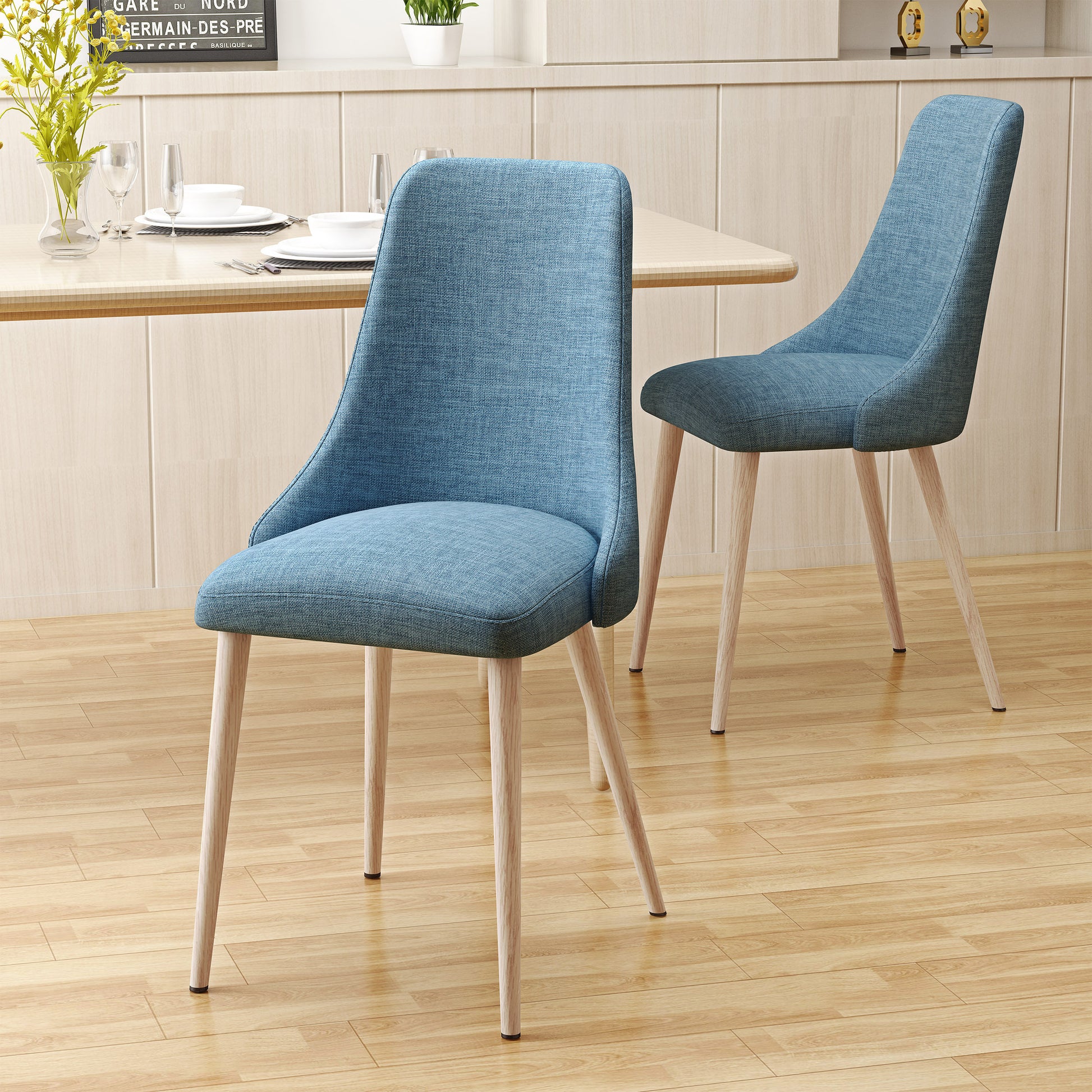 Ellery Mid Century Modern Fabric Armless Dining Chairs, Set of 2, Blue and Light Walnut