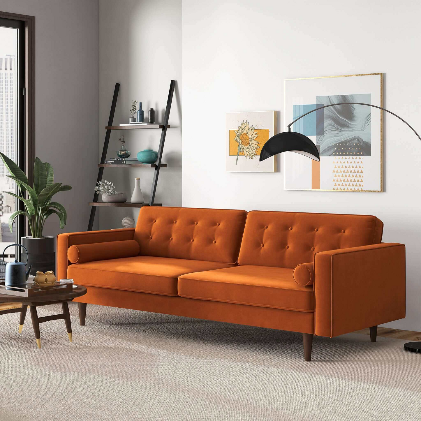 Casey Mid-Century Modern Burnt Orange Velvet Sofa