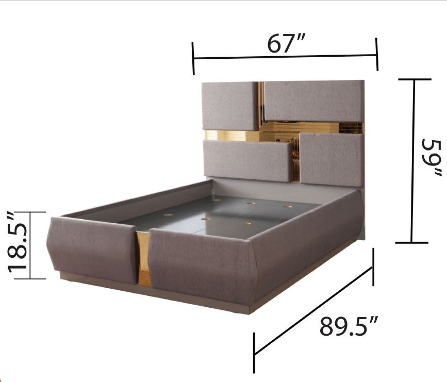 Lorenzo Queen Size Glam Bed in Gray with Mirrored Gold Accent Panels