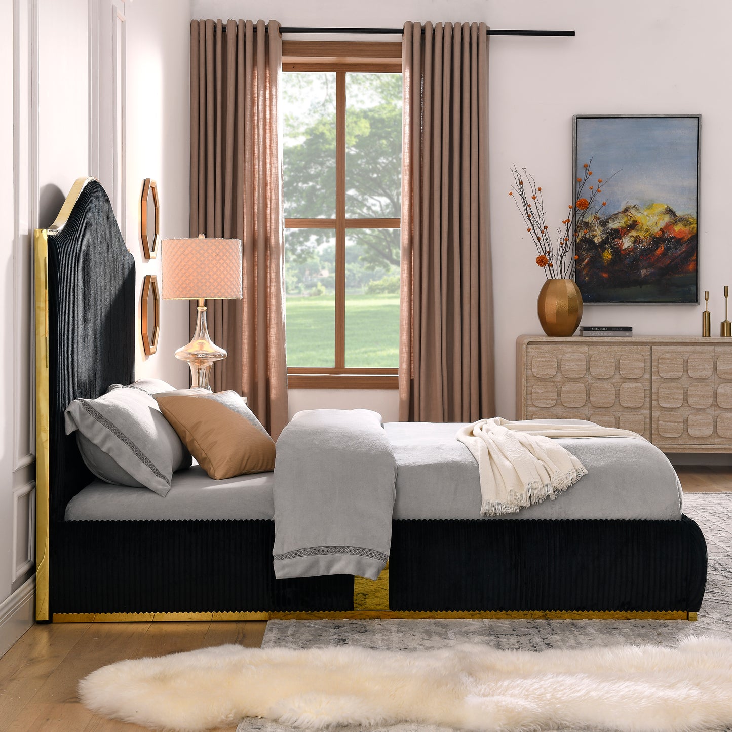 Sloane Contemporary Corduroy Upholstered Platform Bed with Gold Trim, Black