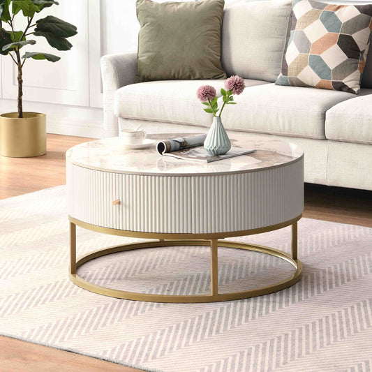 Neria 31" Modern Round Storage Coffee Table, White & Gold