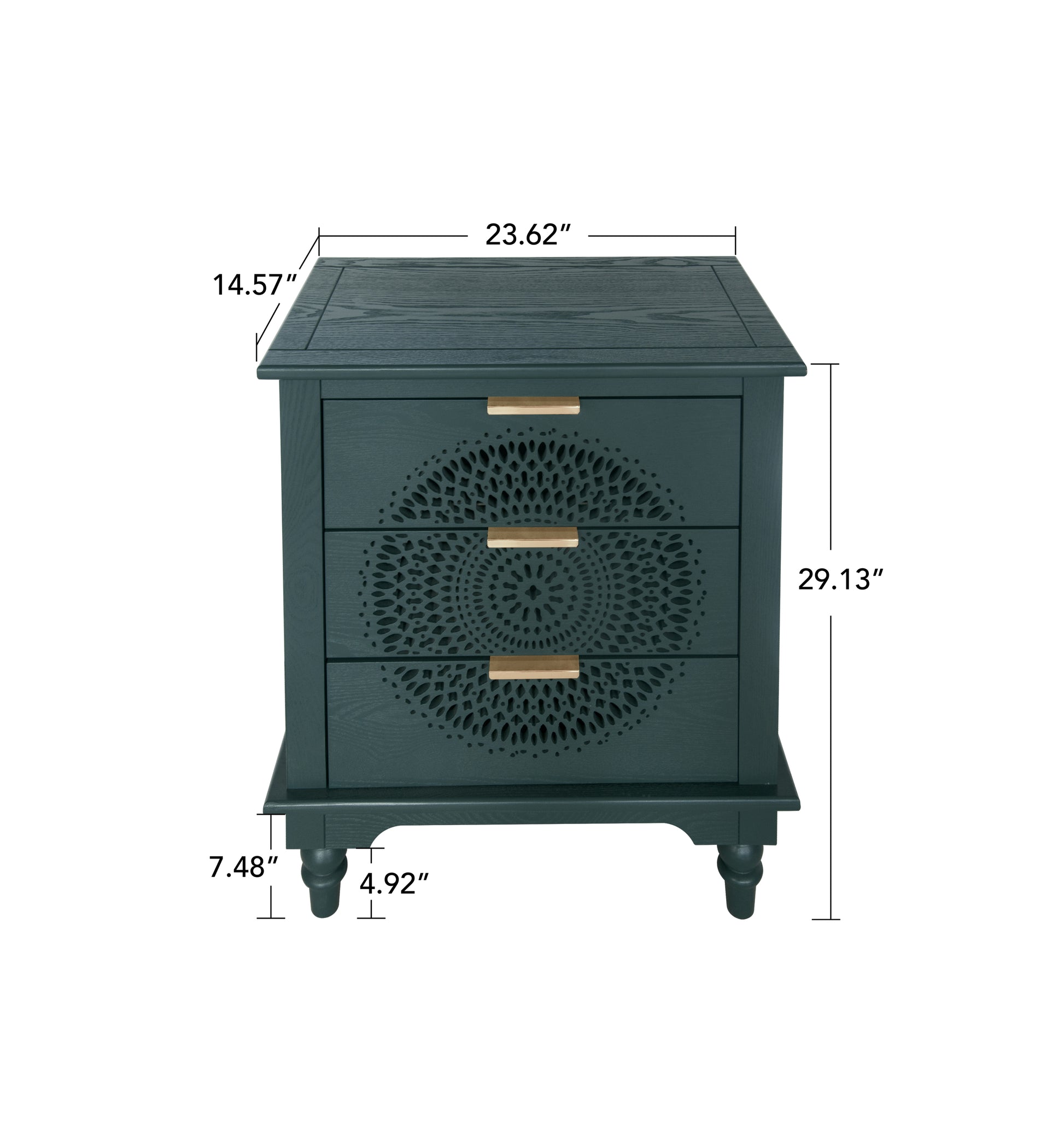 Harper Modern Hollow-Carved 3-Drawer Cabinet in Blackish Green with Gold Handles