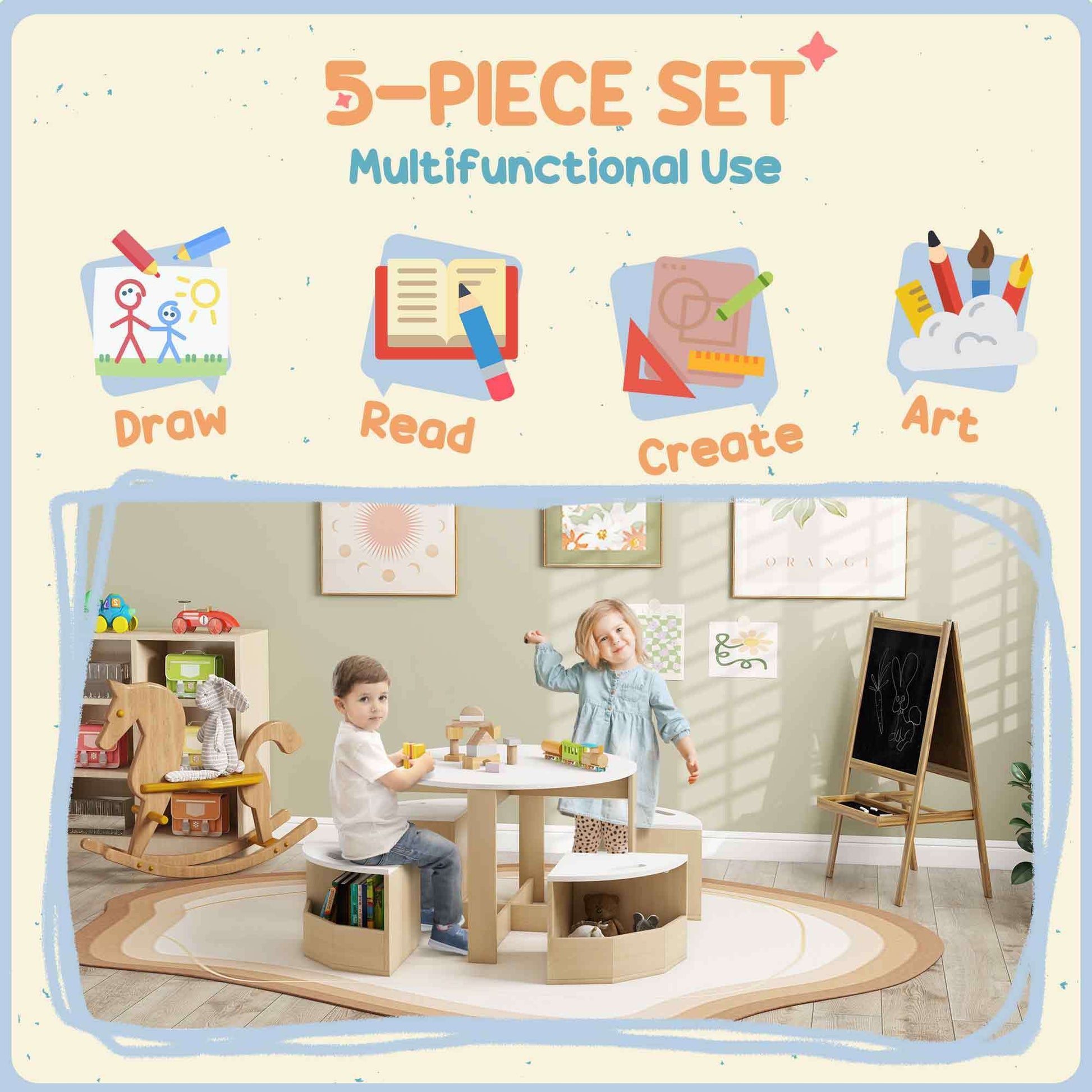 5 Piece Toddler Table and Chairs Set with Storage, White & Natural