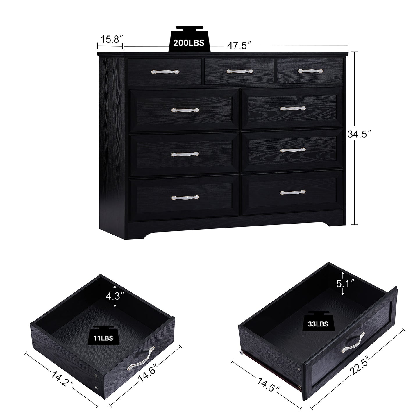 Brant Transitional 9-Drawer White Dresser, Black