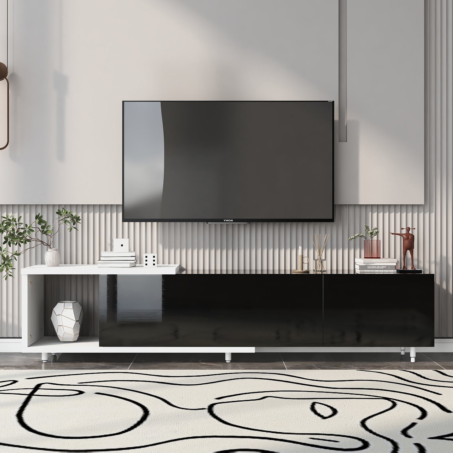 Grover 70' Modern High Gloss TV Stand, White & Black