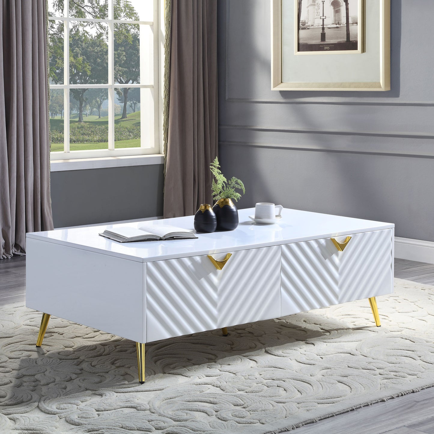 White High Gloss 2-Drawer Coffee Table with Support Leg