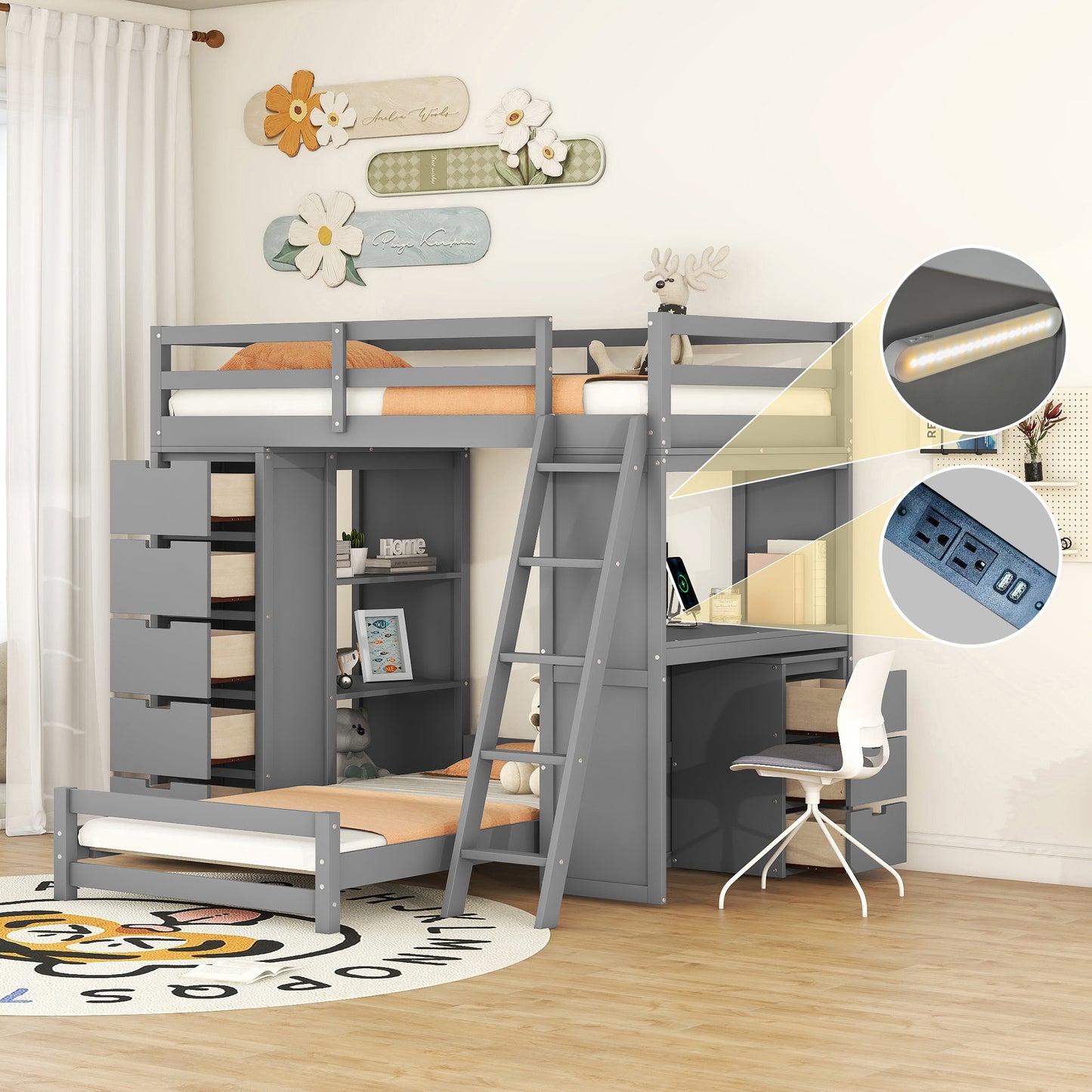 Ward Twin over Twin Bunk Bed with LED Light and USB Ports, Gray