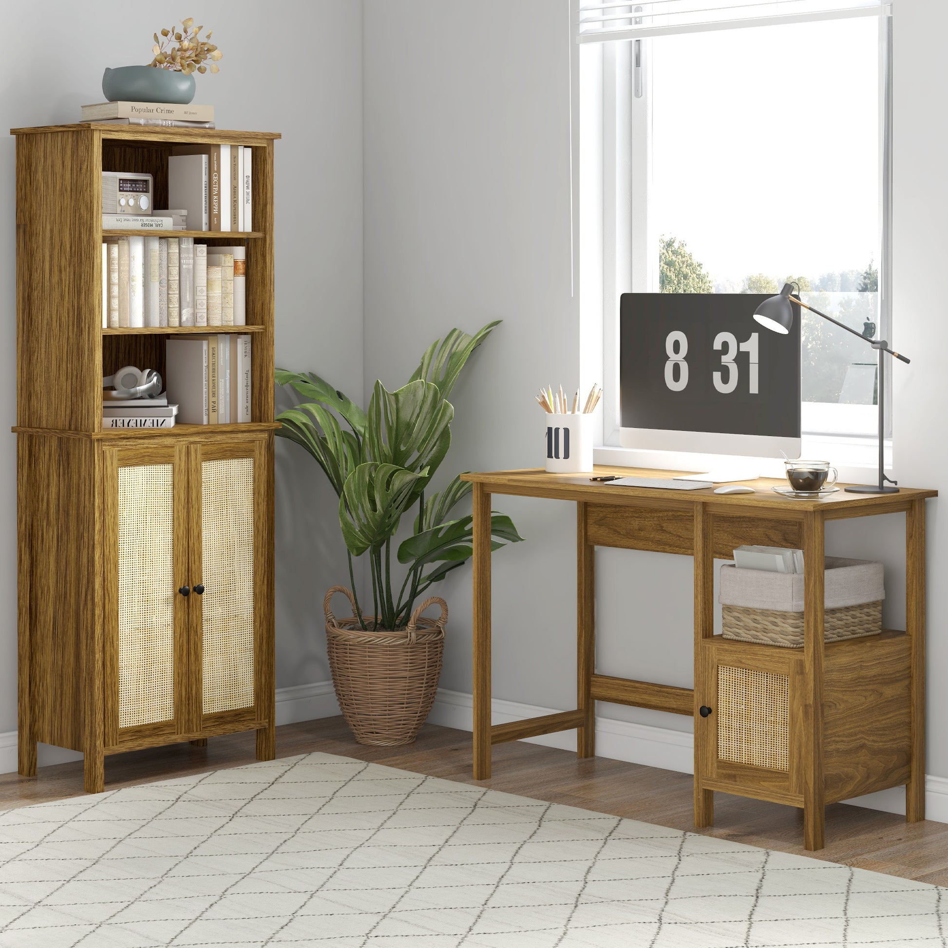 Briar Space-Saving Small Computer Desk with Storage Shelf & Rattan Cabinet, Light Walnut