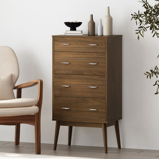 Nissa Mid-Century Modern 4-Drawer Chest, Walnut