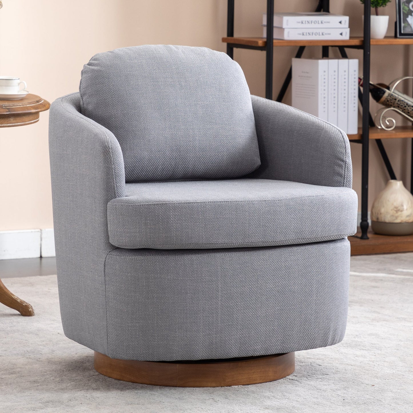 Barley Linen Swivel Accent Chair with Wooden Base - Gray