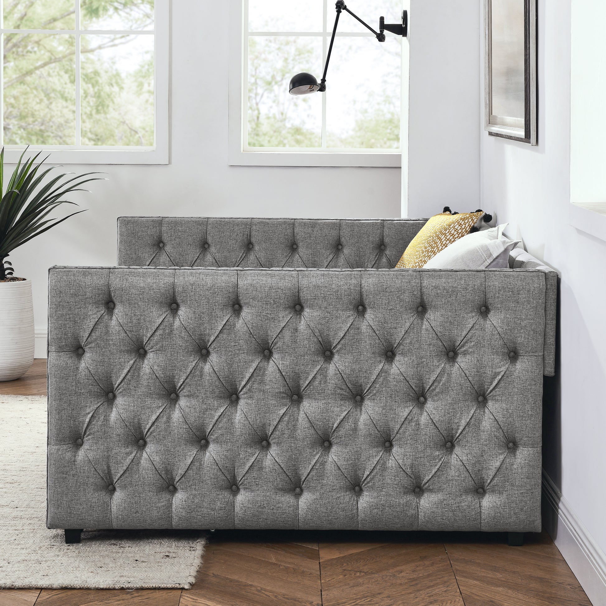 Simpson Full Size Contemporary Tufted Linen Daybed with Drawers, Gray