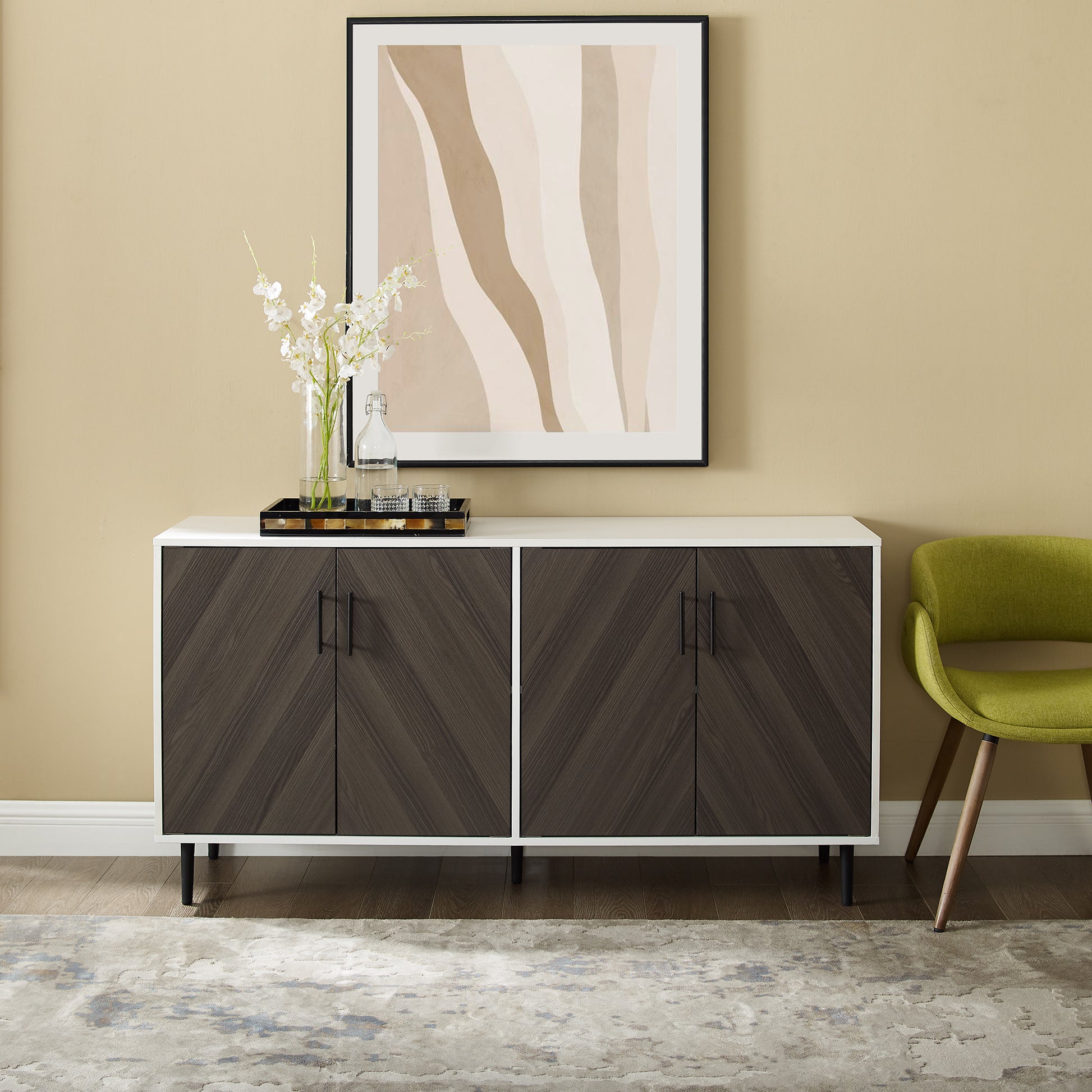 Cassandra Mid-Century Modern Faux-Bookmatch Door Buffet - Ash Brown Bookmatch / Solid White