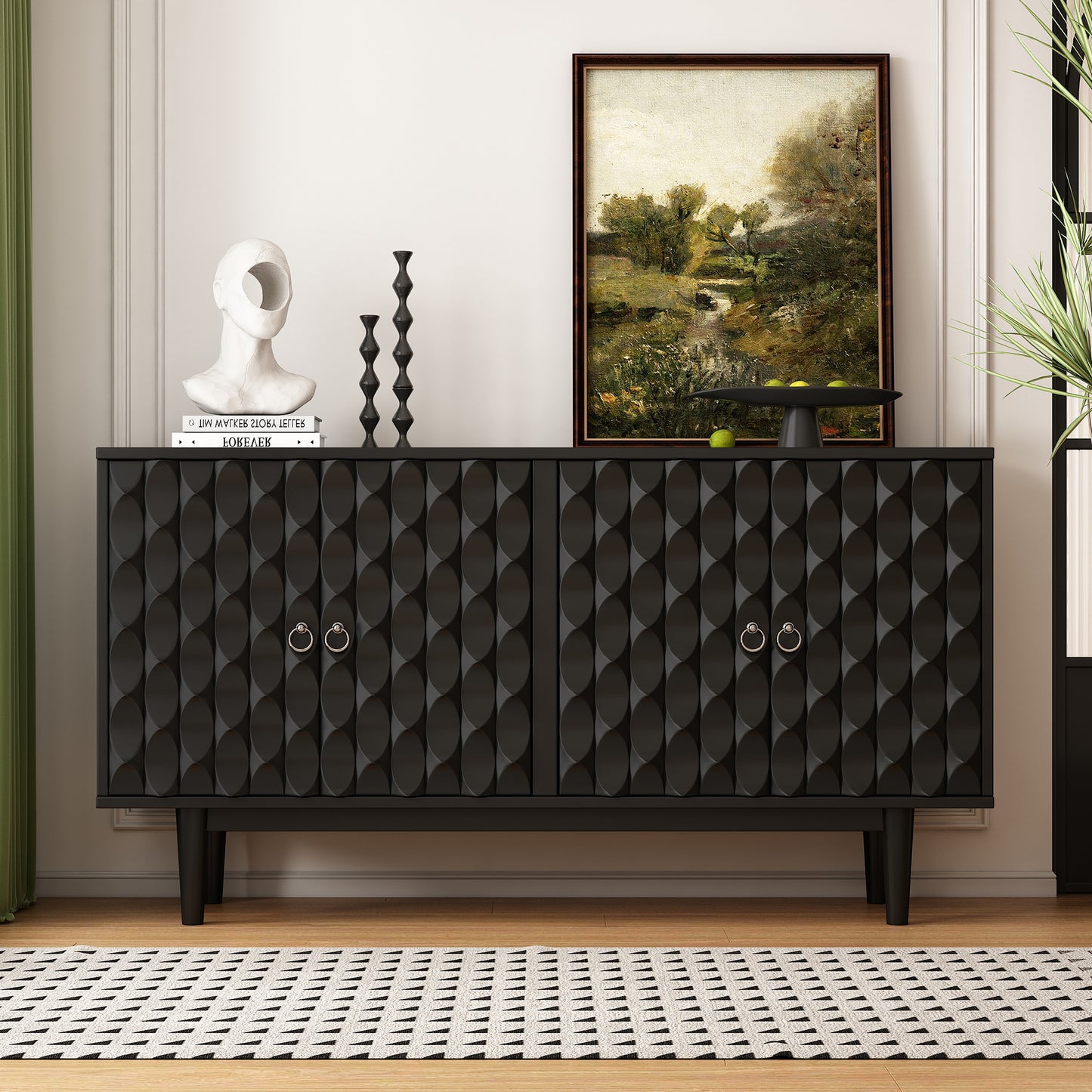 Elara Modern Convex Pattern Cabinet with 4-Drawers, Black