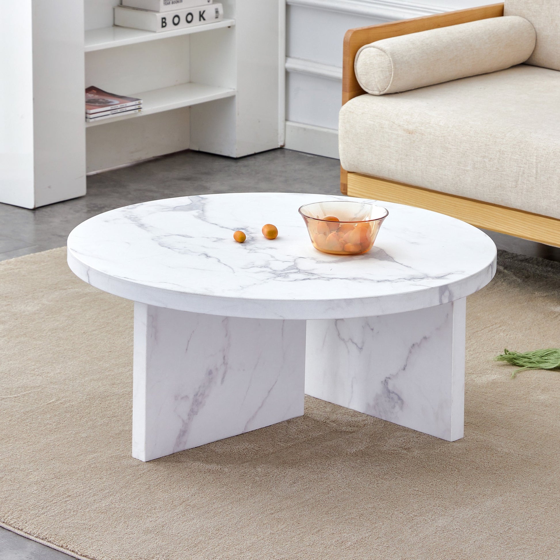 Link Modern Round Faux Marble Coffee Table in White