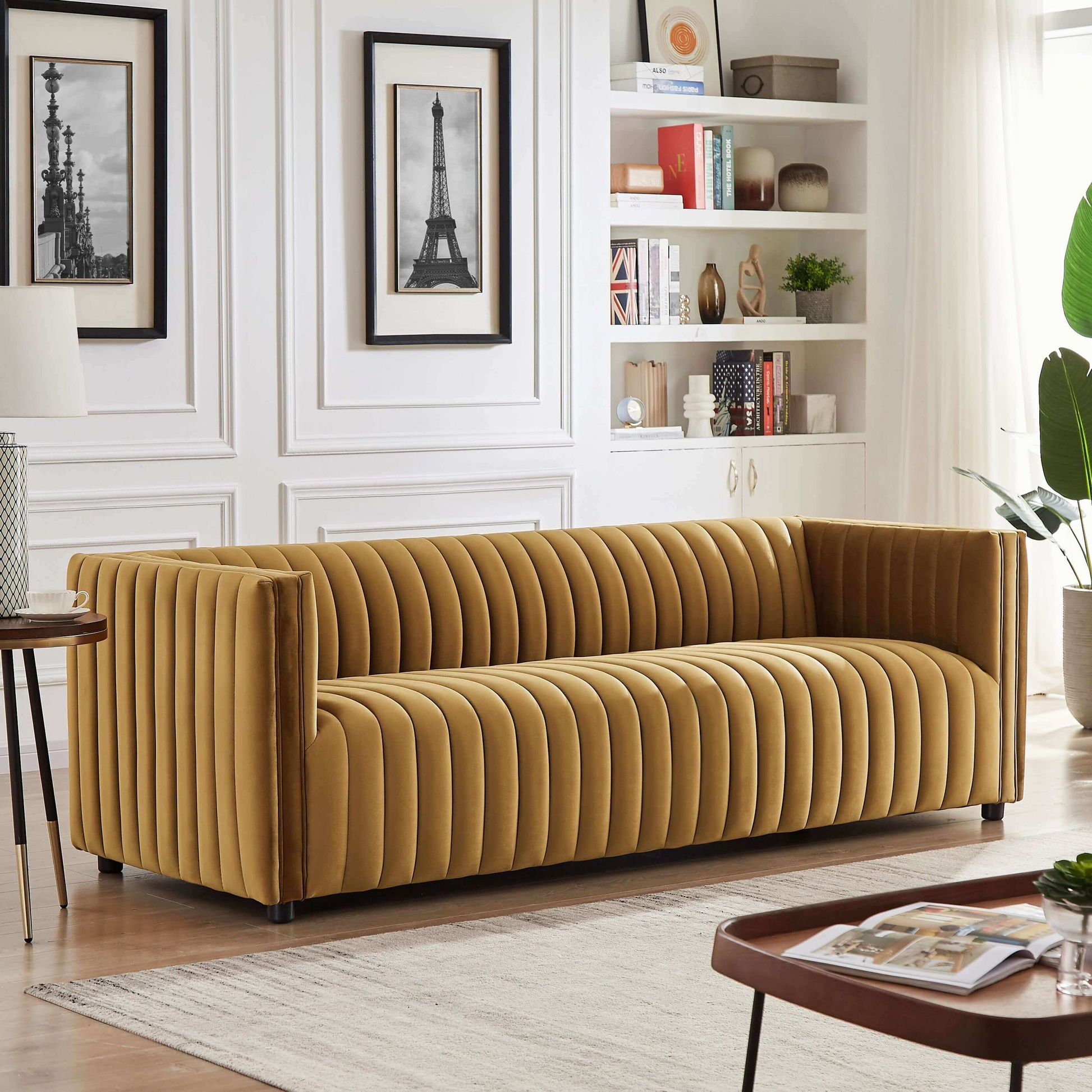 Dominic Modern Channel Tufted Velvet Sofa, Dark Yellow