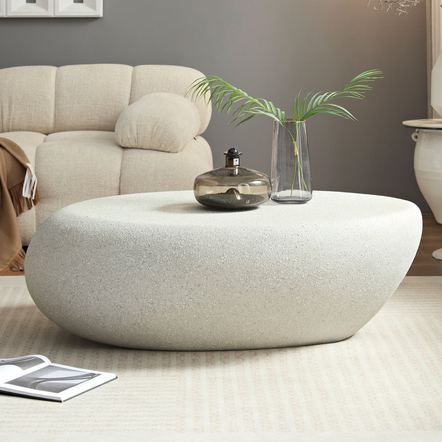 Runa Modern Elliptical Fiberglass Coffee Table, Beige