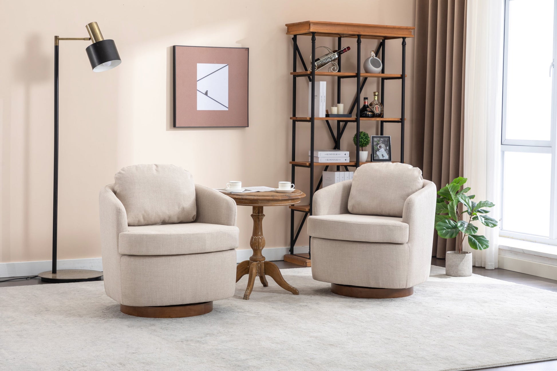 Barley Linen Swivel Accent Chair with Wooden Base - Beige