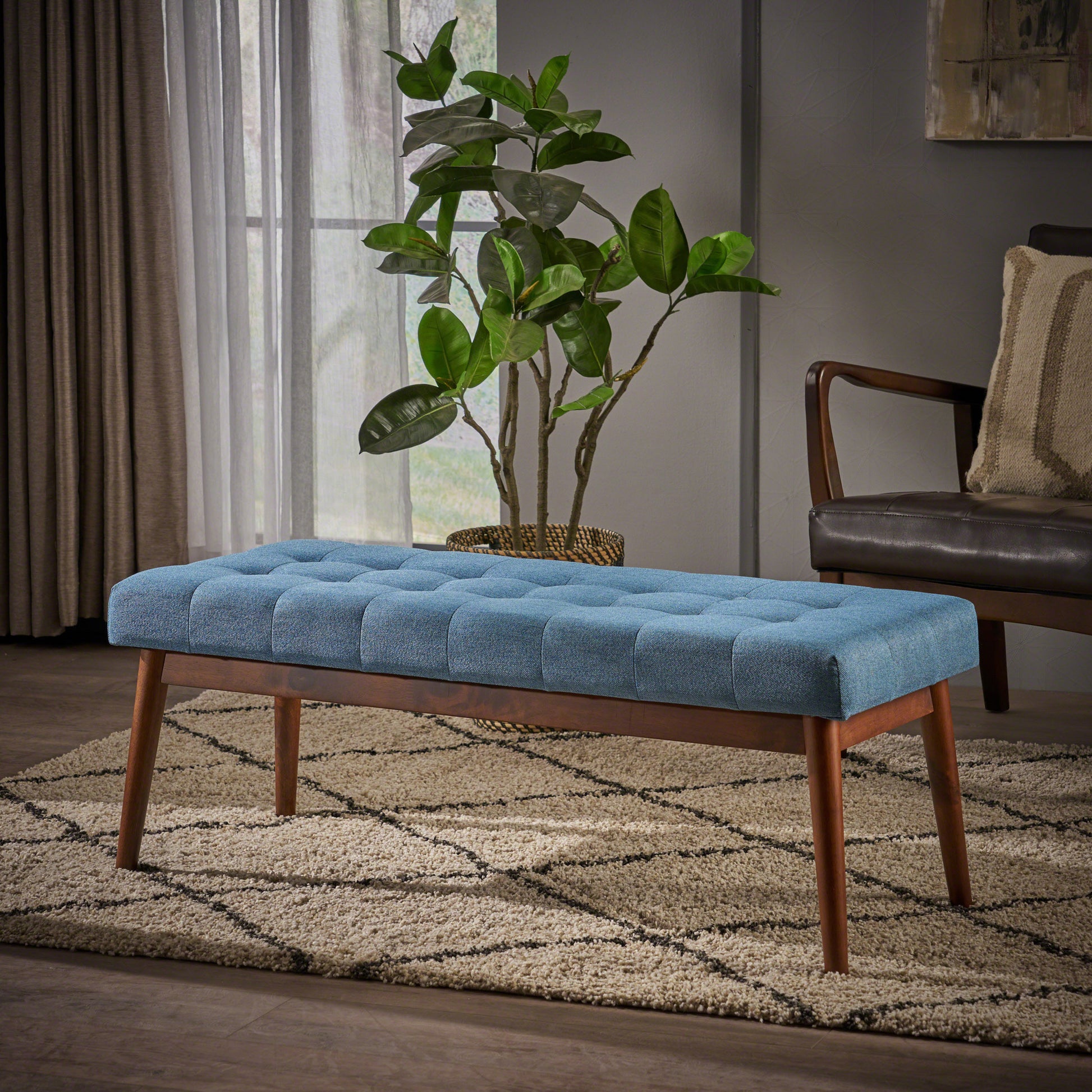 Altman Mid-Century Modern Rectangular Ottoman with Upholstered Top & Walnut Base, Blue