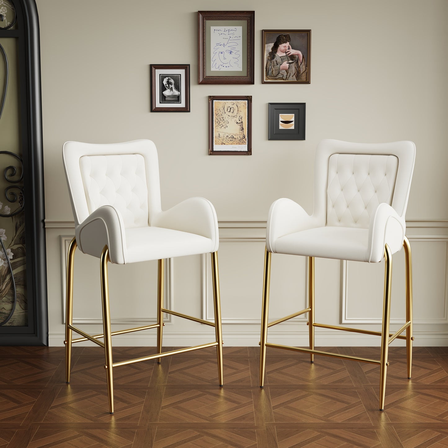 Anouk 28.75' Velvet Bar Stools with Gold Legs, White