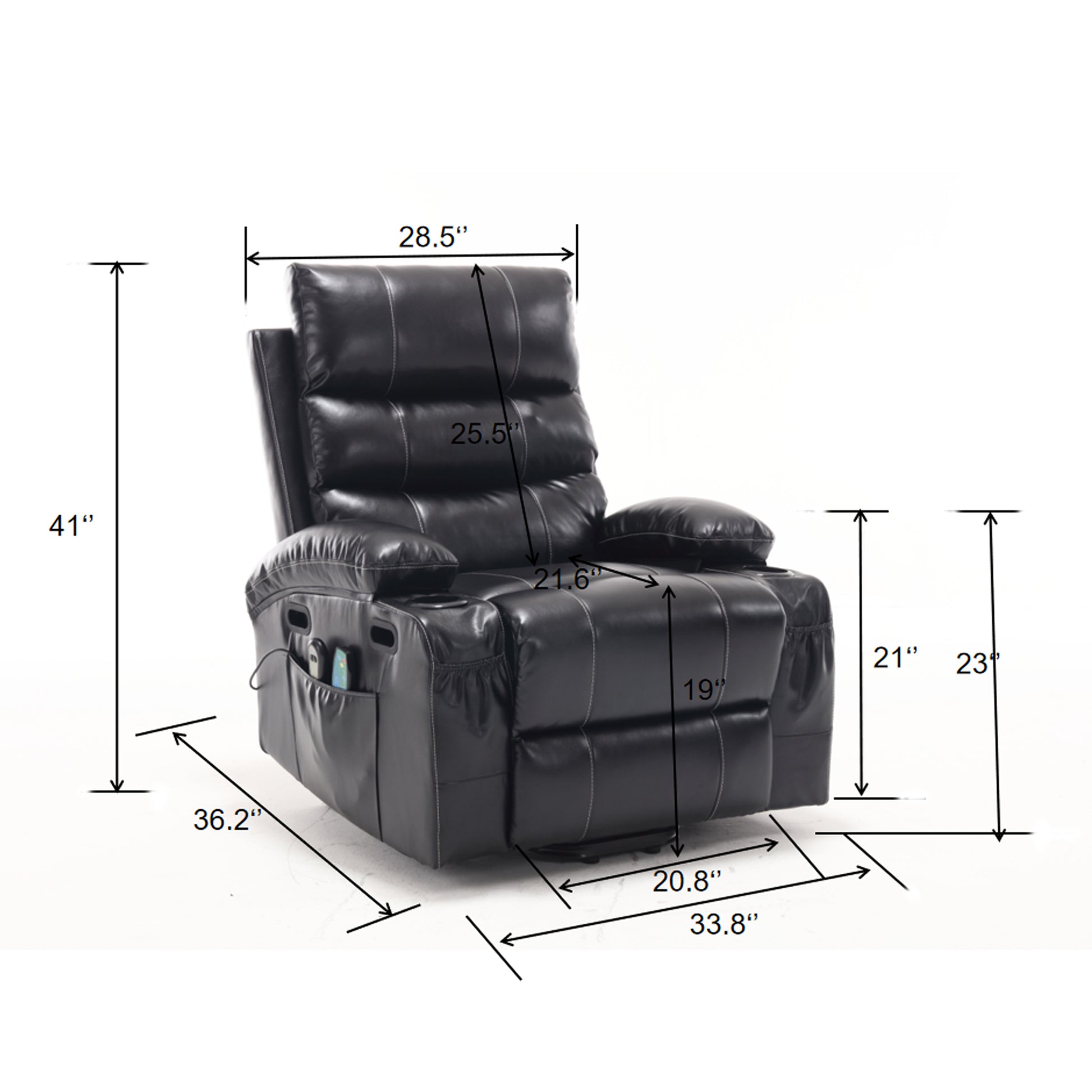 Selini Oversize PU Leather Power Lift Recliner with Massage & Heat, Black