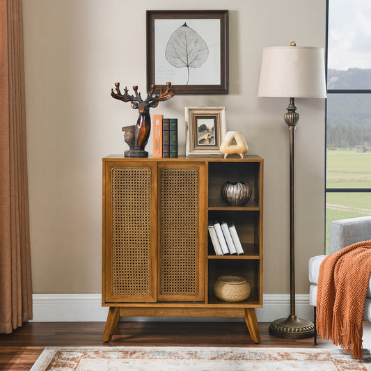 Margot Mid-Century Modern Cabinet in Walnut with Rattan Doors