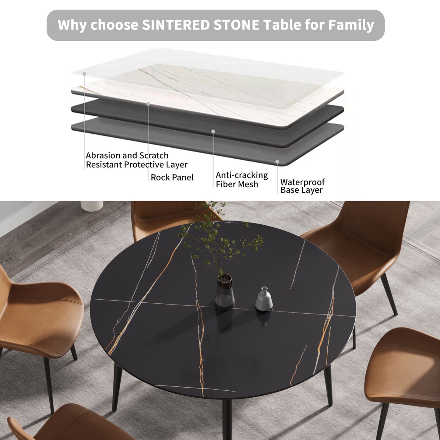 Saffron 53" Modern Artificial Stone Dining Table with Black Legs