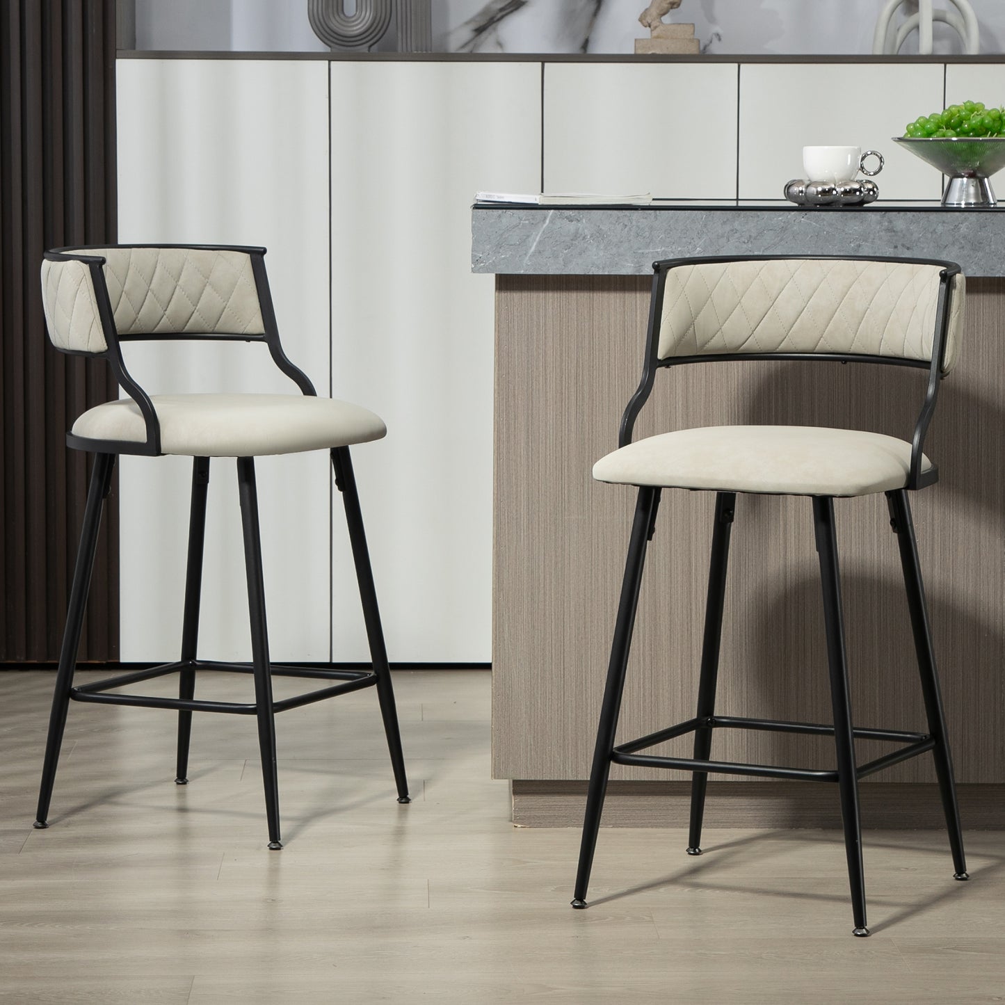 Contemporary Faux Leather 26" Counter Height Bar Stool with Black Powder-Coated Base Set of 2 Beige