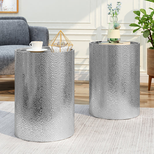 Brookhaven Modern Hammered Aluminum Side Tables Set of 2 Silver