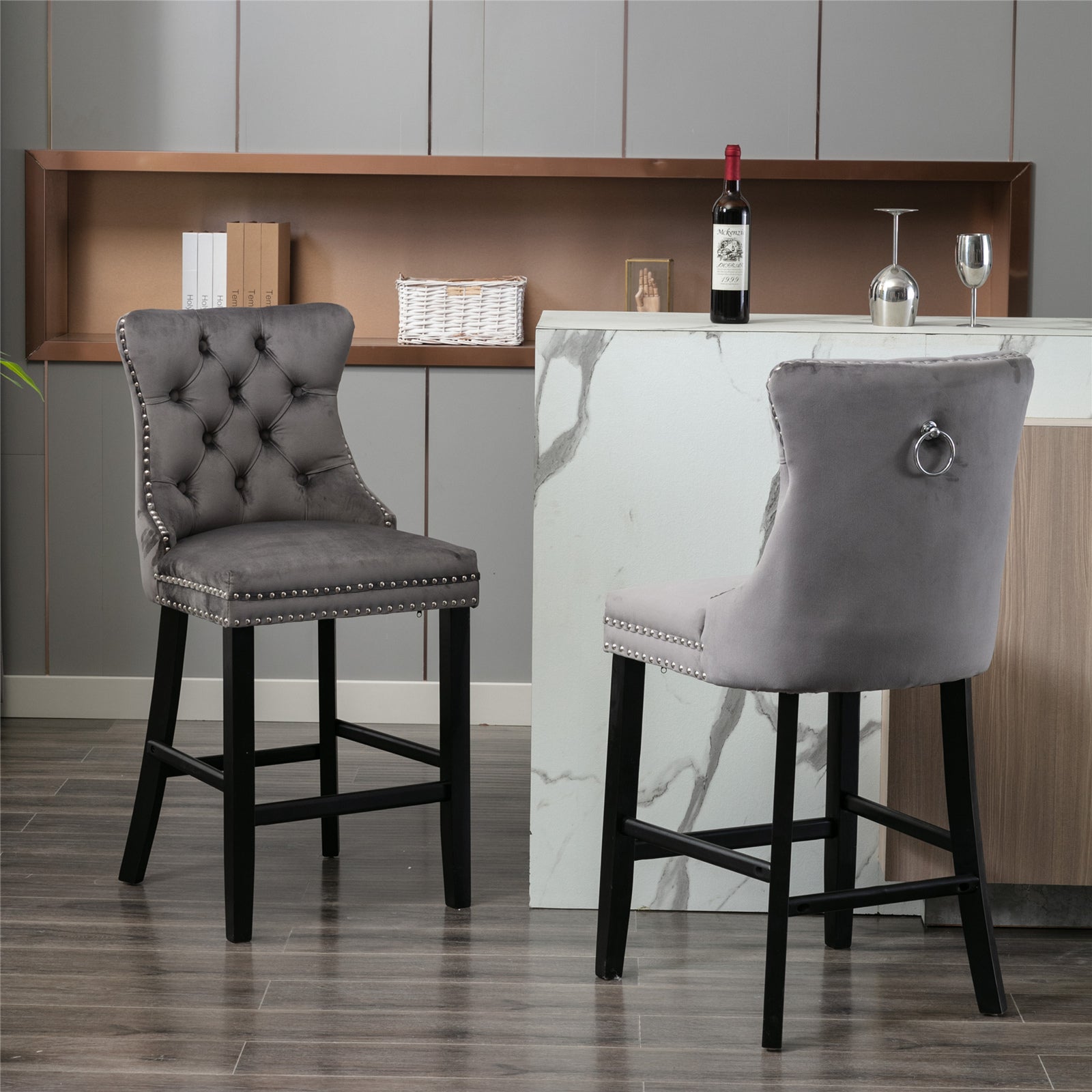 Nikki Contemporary Velvet Bar Stools with Black Legs Set of 2 - Gray