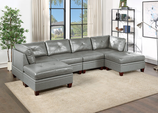 Mako 6-Piece U-Shape Leather Sectional -Gray