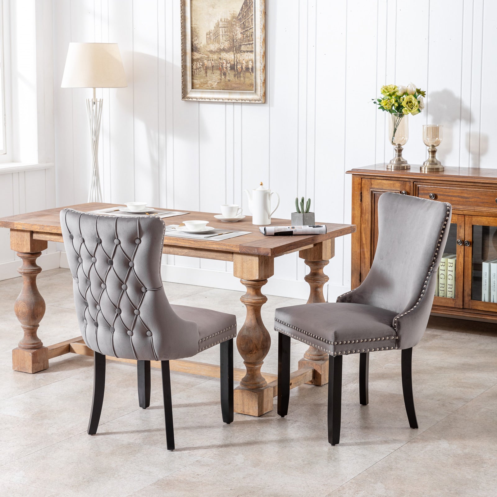 A&A Tufted Dining Chair with Solid Wood Legs in Gray Velvet Set of 2